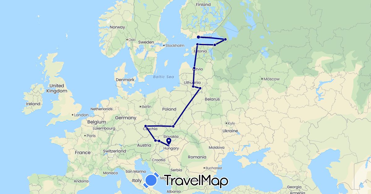 TravelMap itinerary: driving in Austria, Czech Republic, Estonia, Finland, Hungary, Lithuania, Latvia, Poland, Russia, Slovakia (Europe)
